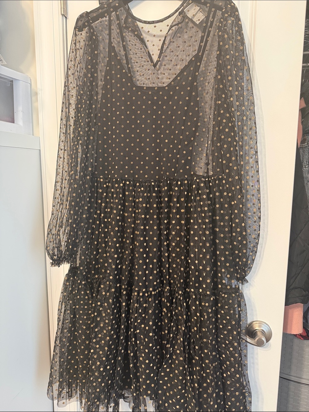 H&M Black Mesh Blouse with Gold Polka Dots